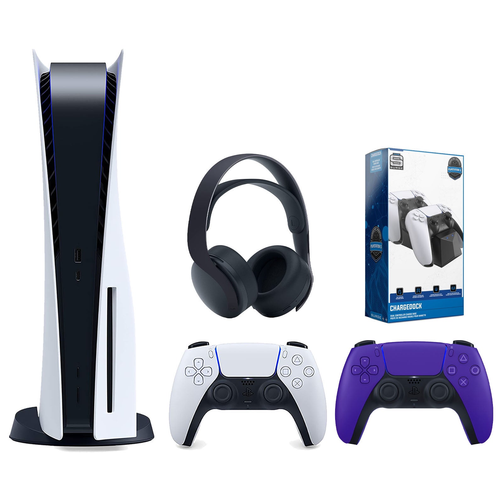 Sony Playstation 5 Disc Version Console with Extra Purple Controller, Black PULSE 3D Headset and Surge Dual Controller Charge Dock Bundle - Pro-Distributing