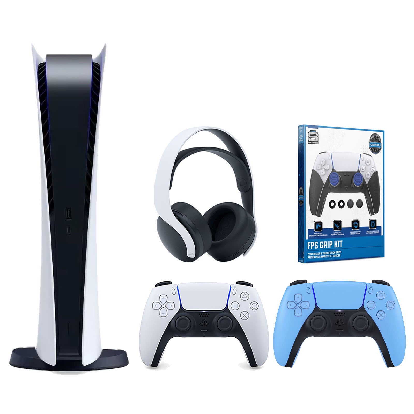 Sony Playstation 5 Digital Edition Console with Extra Blue Controller, White PULSE 3D Headset and Surge FPS Grip Kit With Precision Aiming Rings Bundle - Pro-Distributing