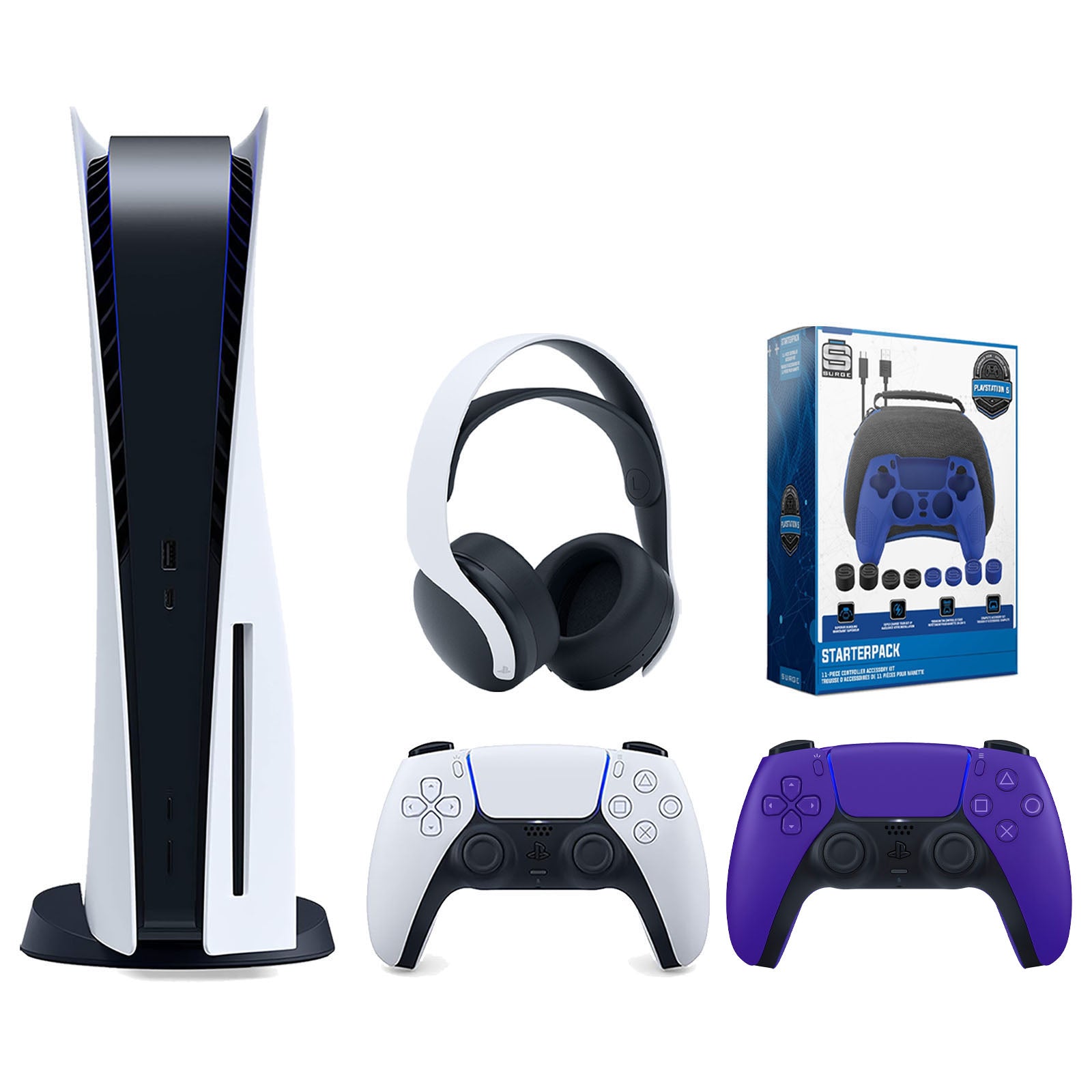 Sony Playstation 5 Disc Version Console with Extra Purple Controller, White PULSE 3D Headset and Surge Pro Gamer Starter Pack 11-Piece Accessory Bundle - Pro-Distributing
